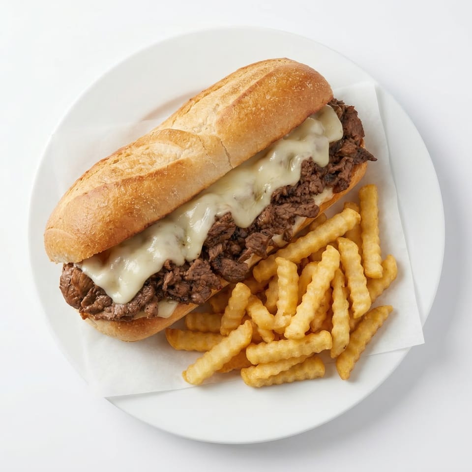 A Philly cheesesteak sandwich with melted cheese and crinkle-cut fries on a white plate.