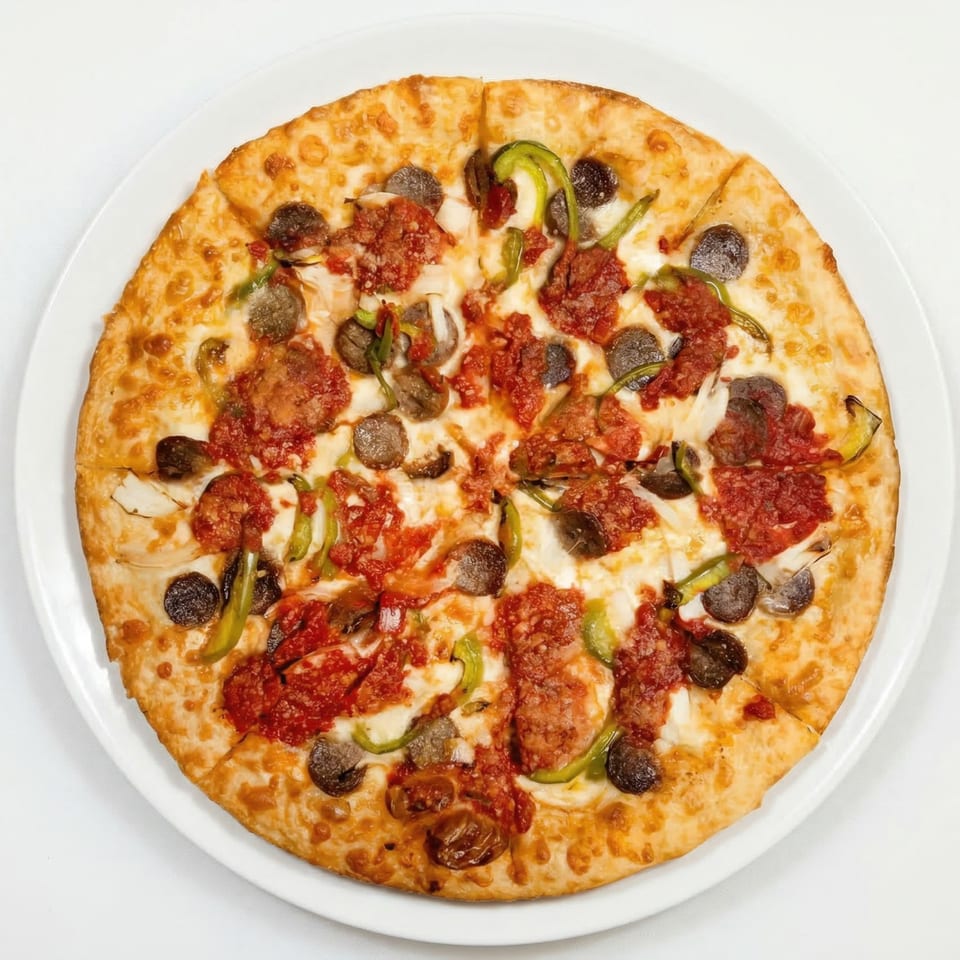 A whole American Hot Wings & Pizza supreme pizza with sausage, pepperoni, green peppers, and onions.
