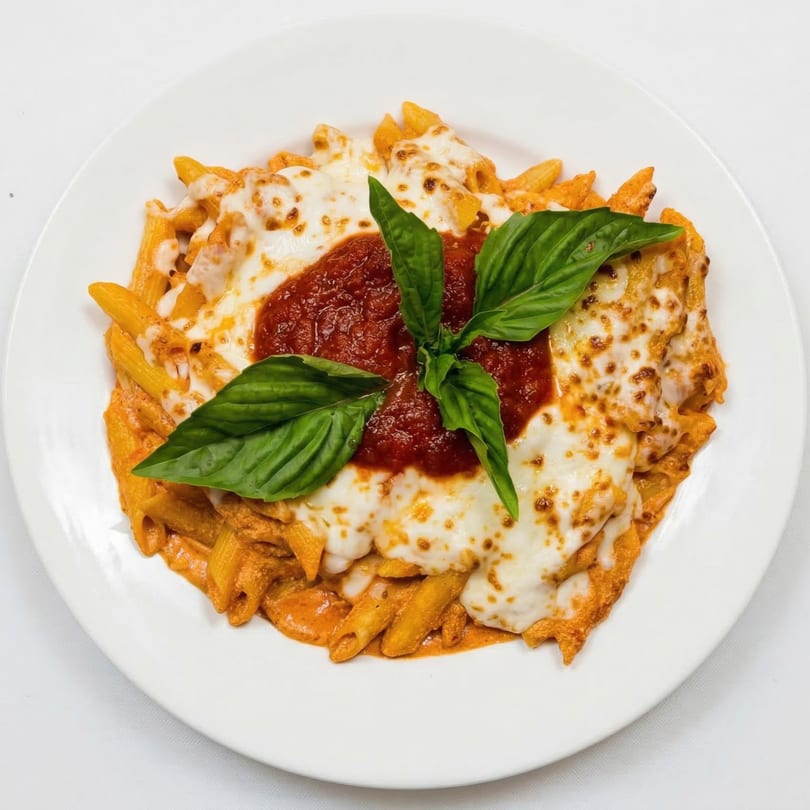 Penne pasta with melted cheese, red sauce, and fresh basil on a white plate.