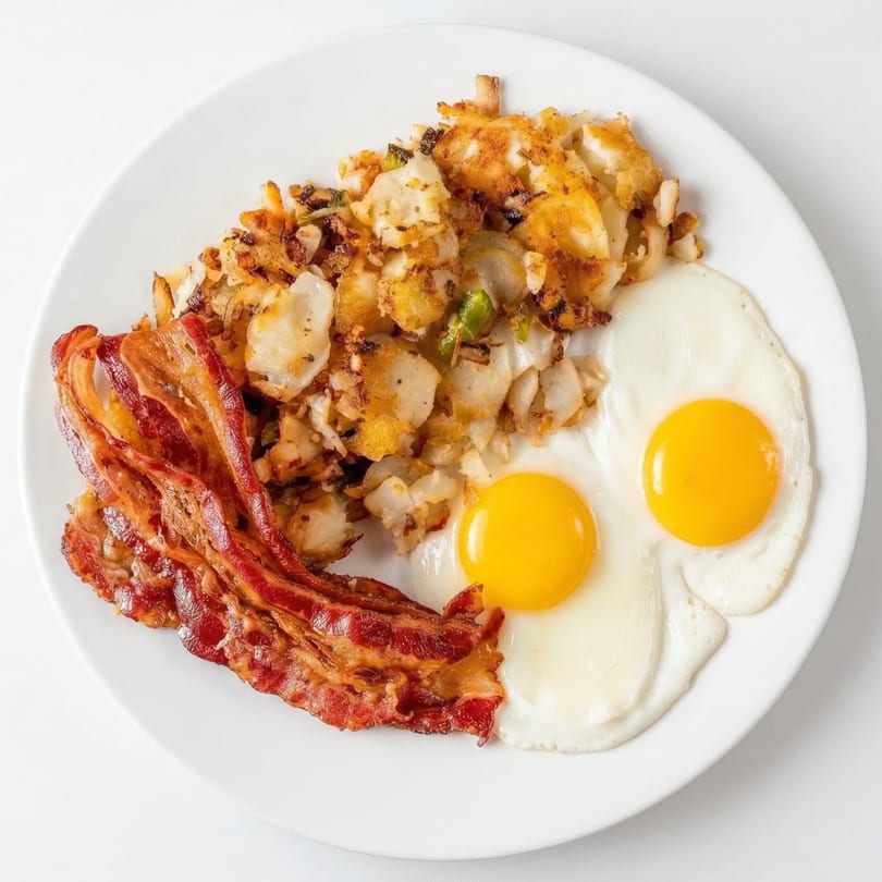 A breakfast plate with crispy bacon, two sunny-side-up eggs, and golden hash browns.