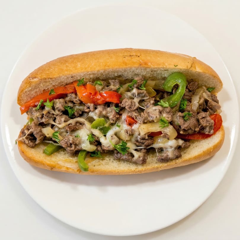 A close-up of a cheesesteak sandwich with steak, melted cheese, peppers, and onions on a white plate.