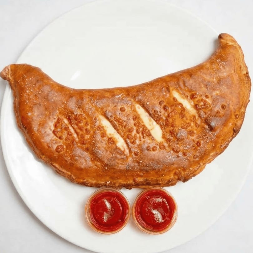 Golden-brown calzone with cheese visible through slits, served with two cups of marinara sauce.