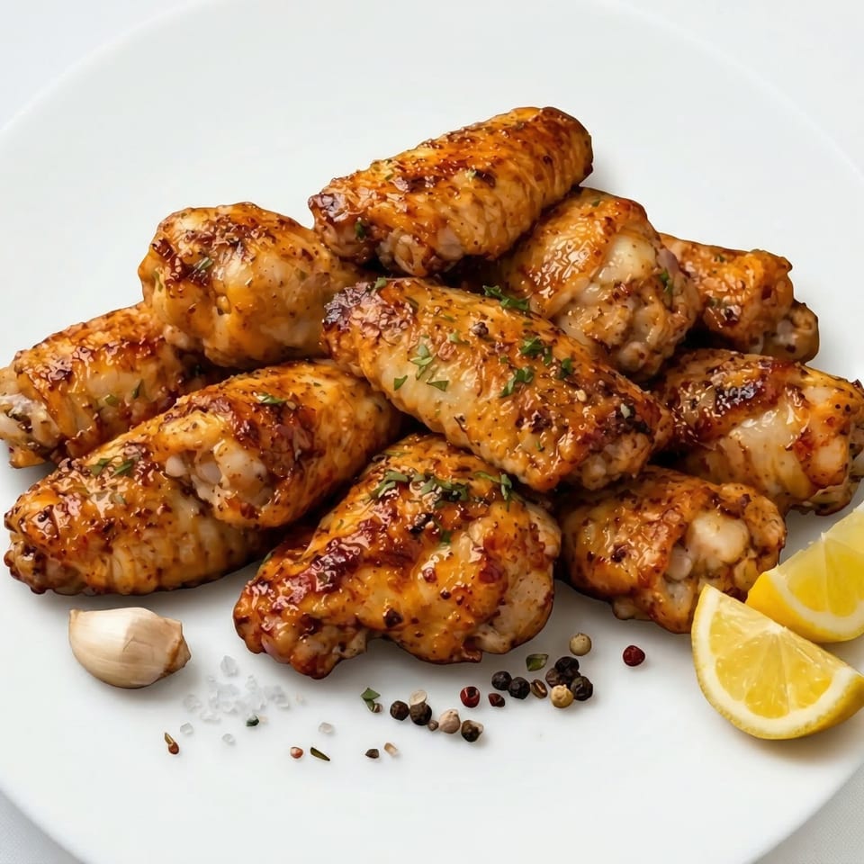 A plate of American Hot Wings, garnished with lemon wedges, garlic, and peppercorns.